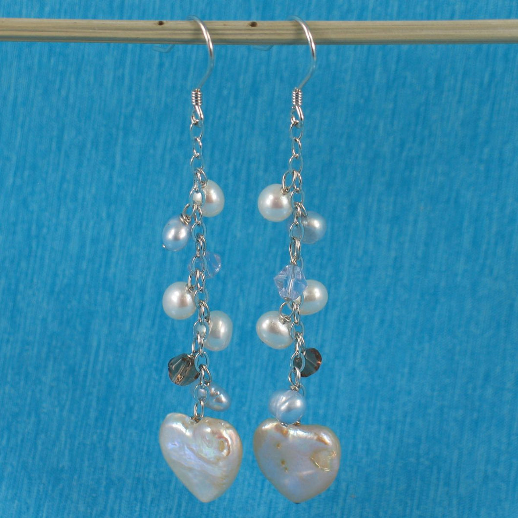 Sterling Silver Pink Heart Coin Pearl Dangle Earrings