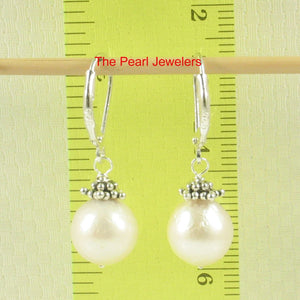 Sterling Silver Leverback Bali Bead White Nucleus Pearl Earrings