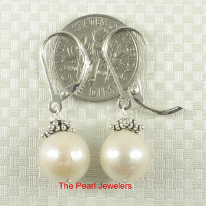 Sterling Silver Leverback Bali Bead White Nucleus Pearl Earrings