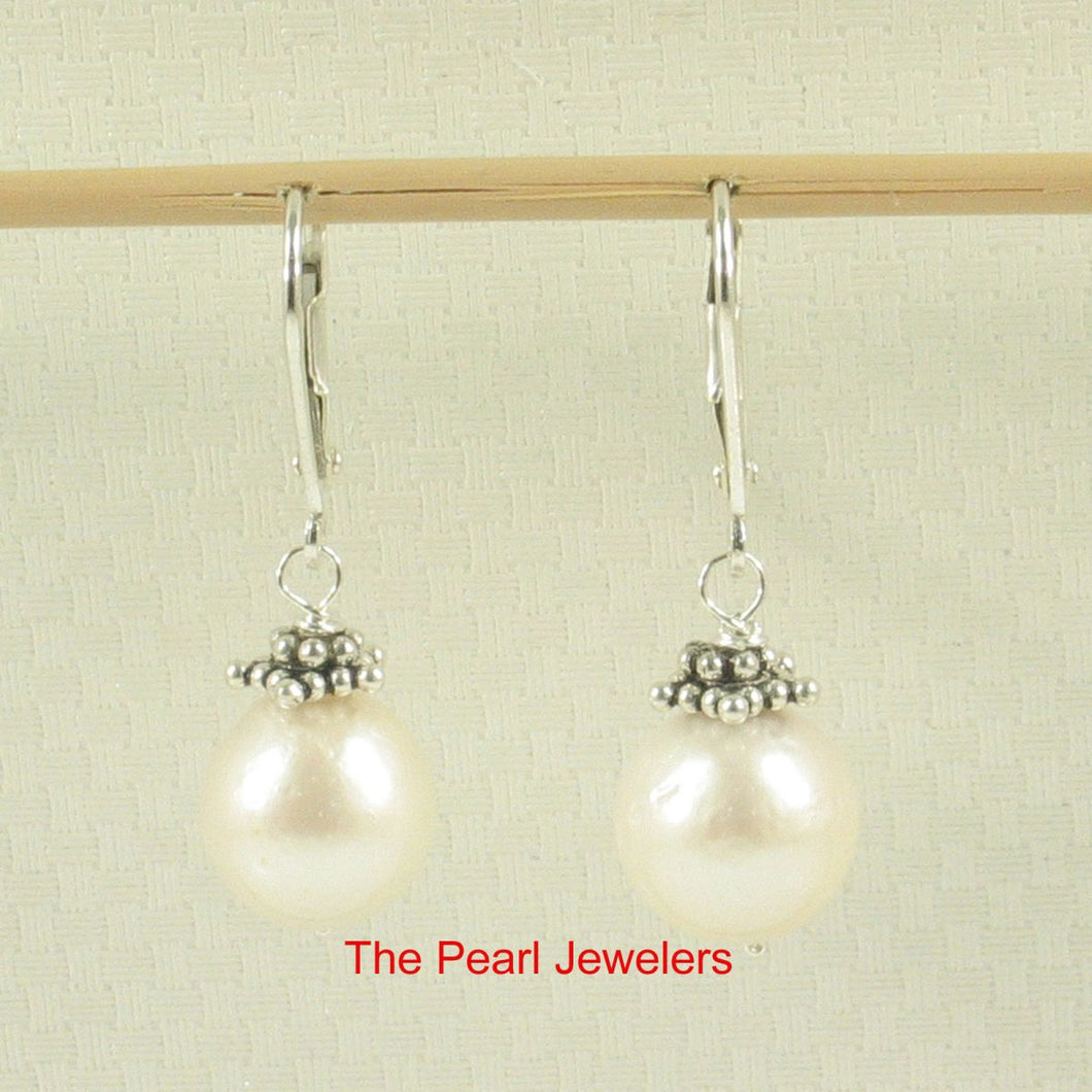 Sterling Silver Leverback Bali Bead White Nucleus Pearl Earrings