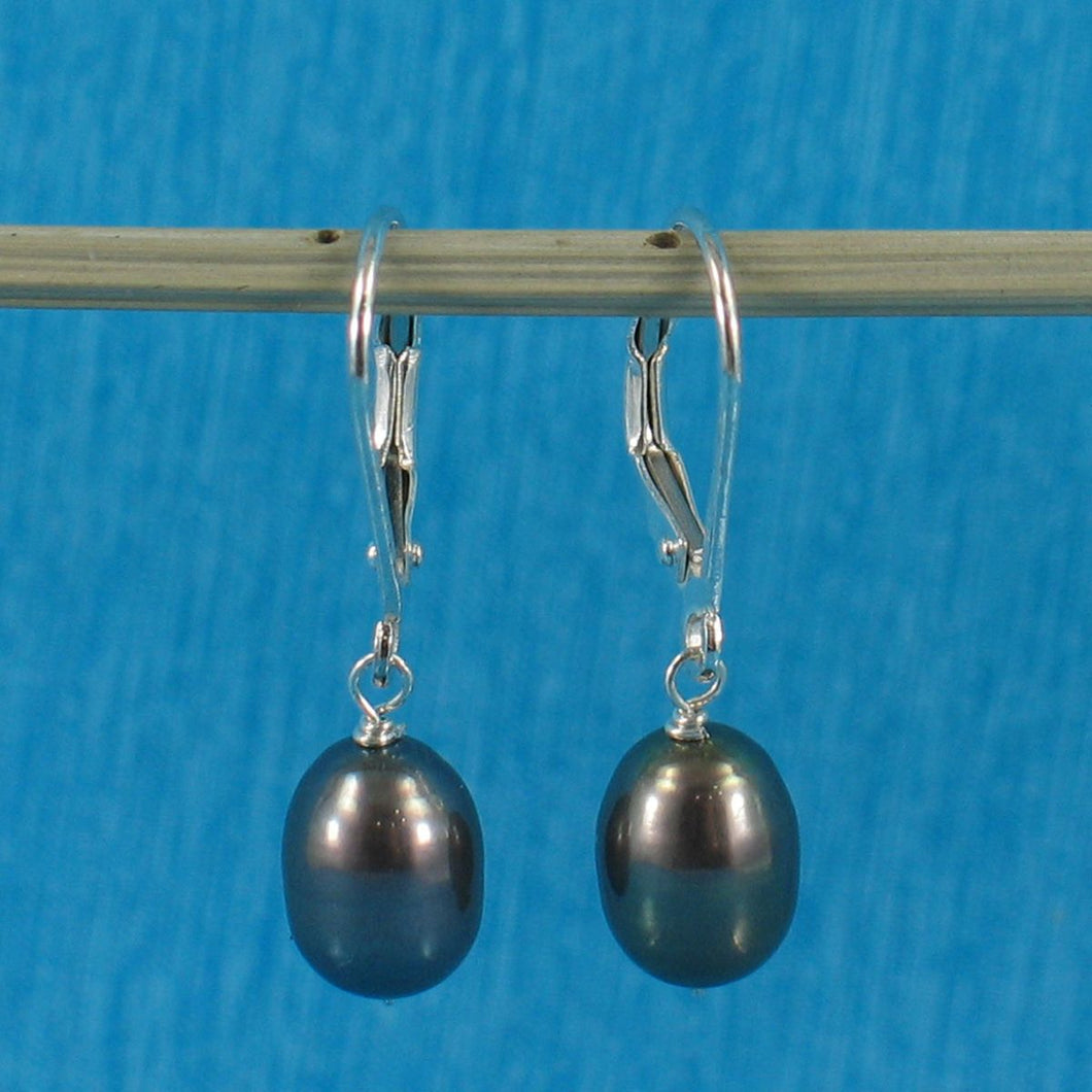 Sterling Silver Black Pearl Leverback Dangle Earrings