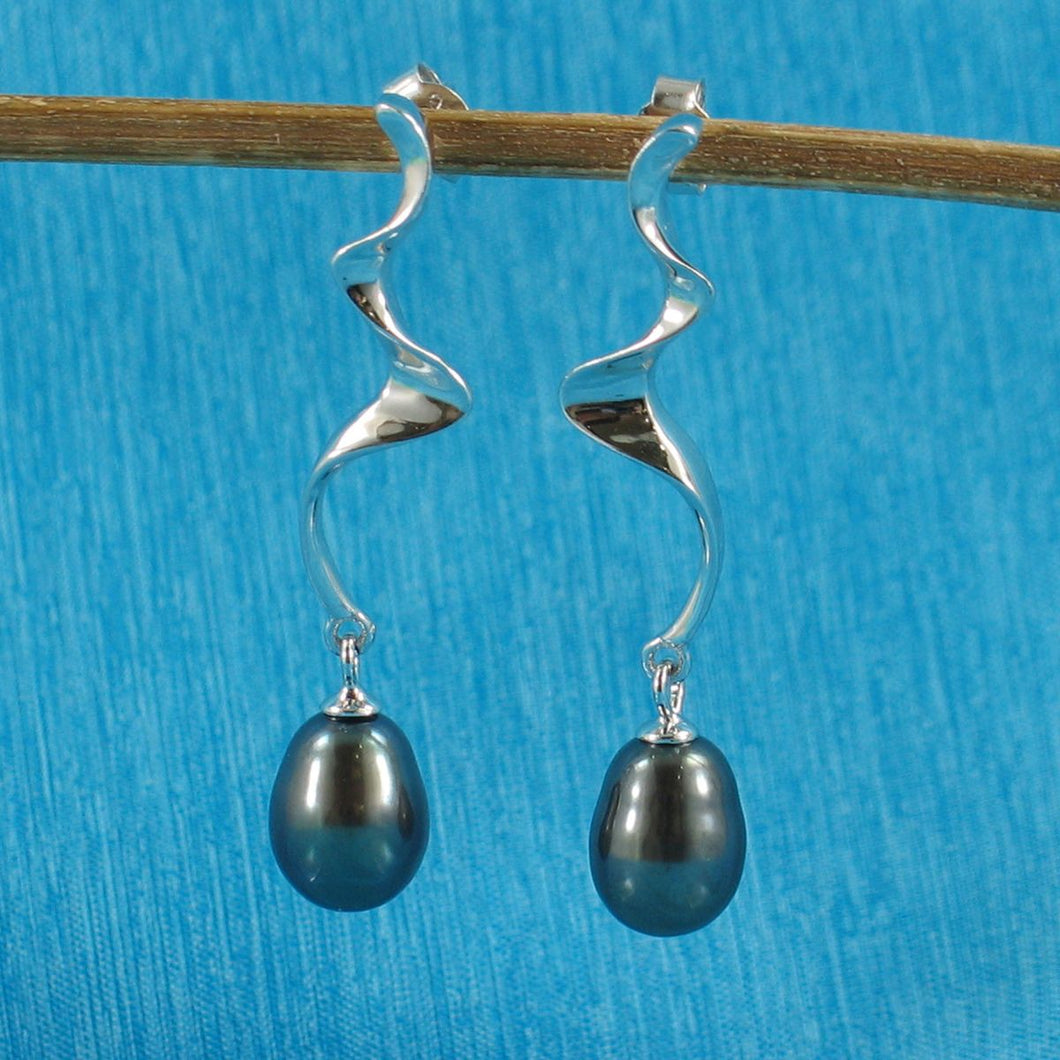 Solid .925 Silver Lightning Black Pearl Stud Dangle Earrings
