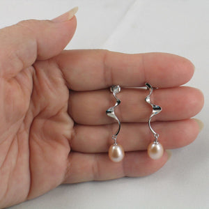 Solid .925 Silver Lightning Peach Pearl Stud Dangle Earrings