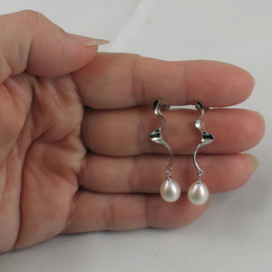 Solid .925 Silver Lightning White Pearl Stud Dangle Earrings