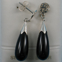 Load image into Gallery viewer, Solid Silver 925 Oriental Good Luck Black Onyx Dangle Stud Earrings