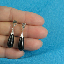 Load image into Gallery viewer, Solid Silver 925 Oriental Good Luck Black Onyx Dangle Stud Earrings
