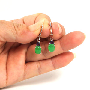 Solid Sterling Silver 925 Amethyst & Green Jade Leverback Earrings