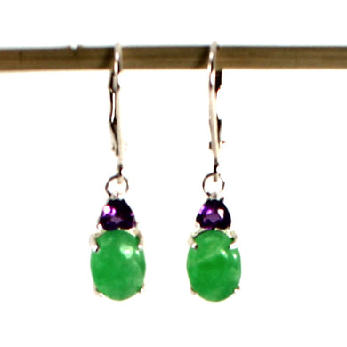 Solid Sterling Silver 925 Amethyst & Green Jade Leverback Earrings