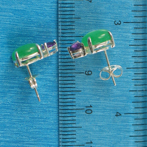 Solid Sterling Silver 925 Amethyst & Green Jade Stud Earrings