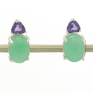 Solid Sterling Silver 925 Amethyst & Green Jade Stud Earrings