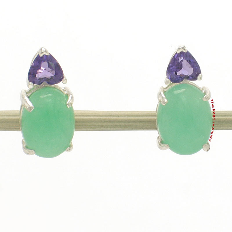 Solid Sterling Silver 925 Amethyst & Green Jade Stud Earrings