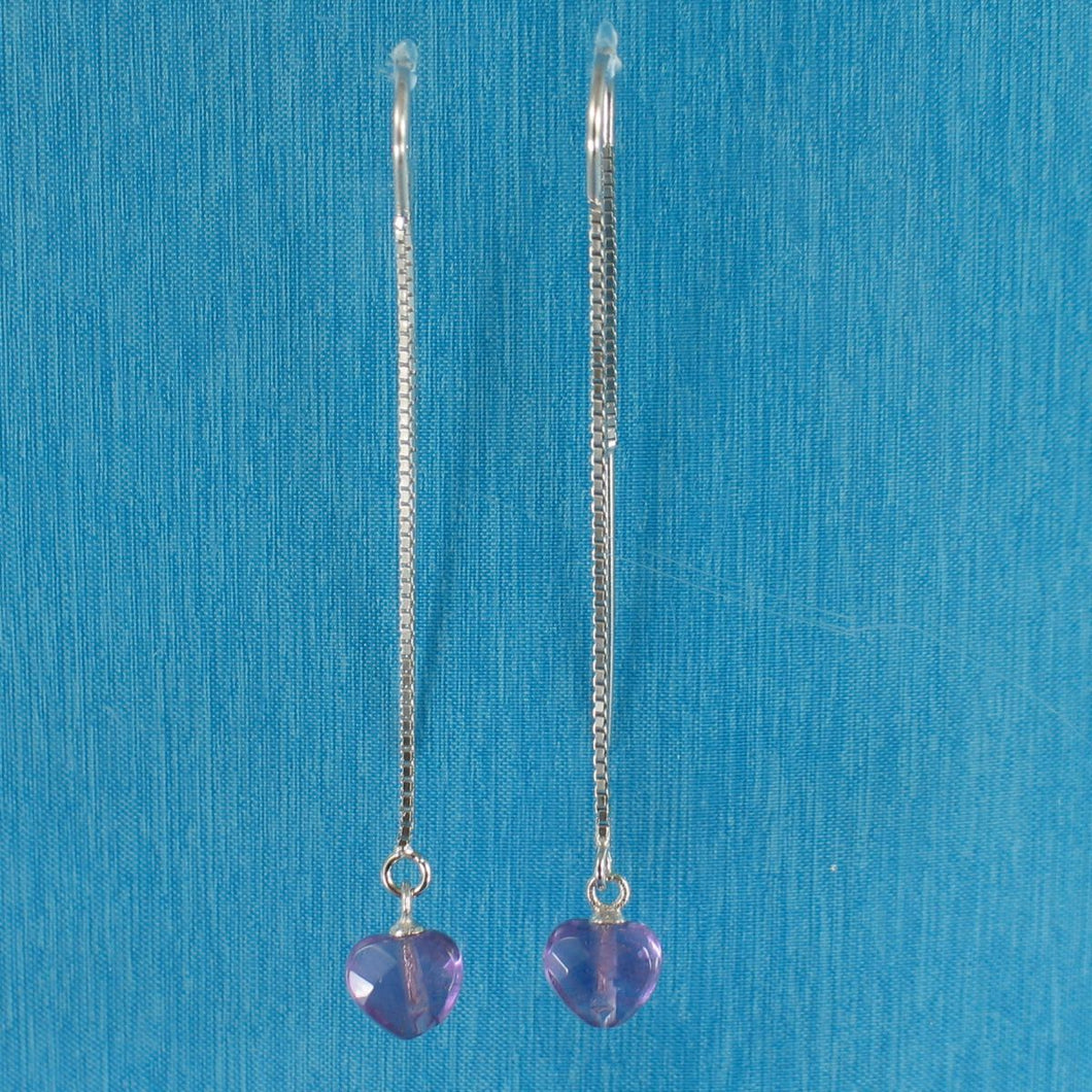 Solid Sterling Silver 925 Amethyst Heart Box Chain Hook Earrings