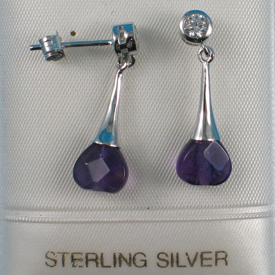 Solid Sterling Silver 925 Amethyst Heart & Cubic Zirconia Earrings