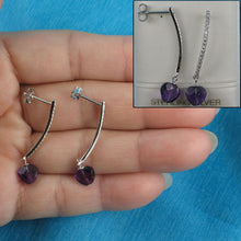 Load image into Gallery viewer, Solid Sterling Silver 925 Amethyst Heart &amp; Cubic Zirconia Earrings