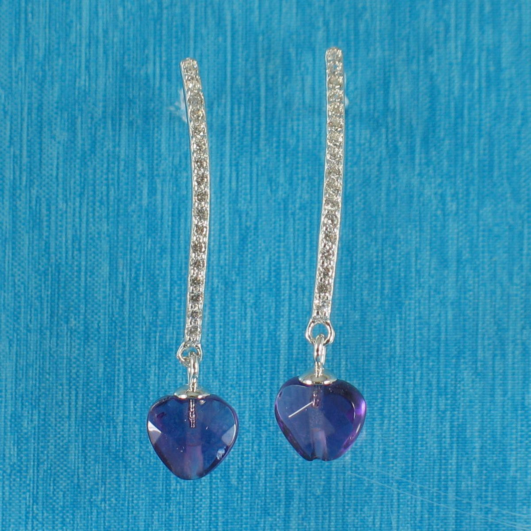 Solid Sterling Silver 925 Amethyst Heart & Cubic Zirconia Earrings