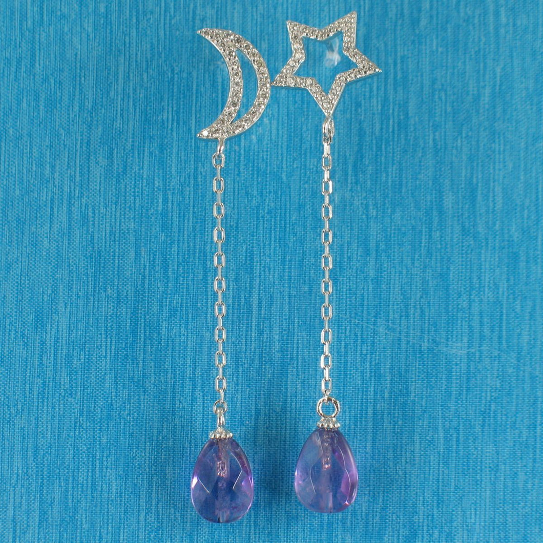 Solid Sterling Silver 925 Moon & Star Amethyst & Cubic Zirconia Earrings