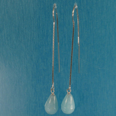 Solid Sterling Silver 925 Aquamarine Box Chain Hook Earrings