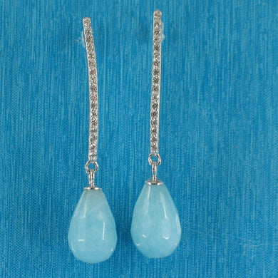 Solid Sterling Silver 925 Aquamarine & Cubic Zirconia Earrings (Raindrop)
