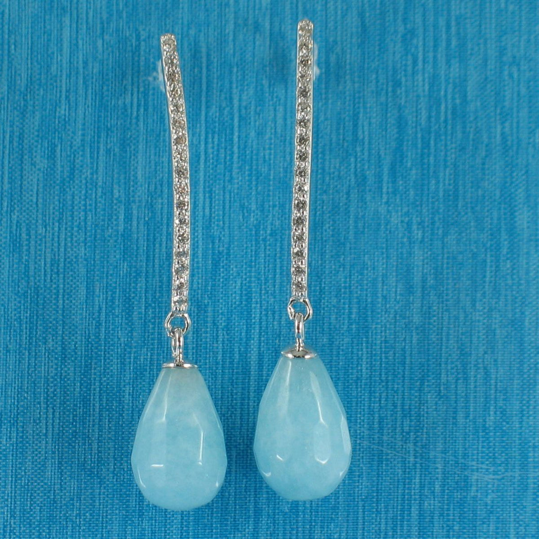 Solid Sterling Silver 925 Aquamarine & Cubic Zirconia Earrings (Raindrop)