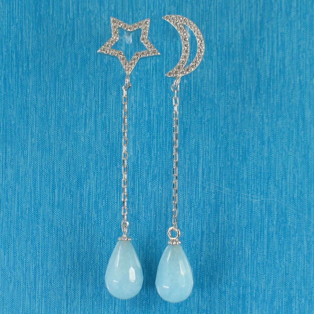 Solid Sterling Silver 925 Moon & Star Aquamarine & Cubic Zirconia Earrings
