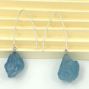Solid Sterling Silver 925 Baroque Aquamarine V-Wire Earrings