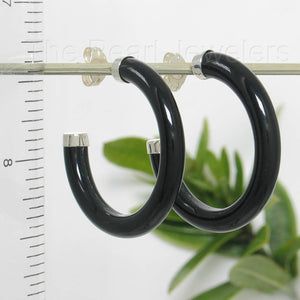 Solid Sterling Silver 925 Natural Black Onyx 30mm C Hoop Earrings