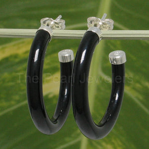 Solid Sterling Silver 925 Natural Black Onyx 30mm C Hoop Earrings