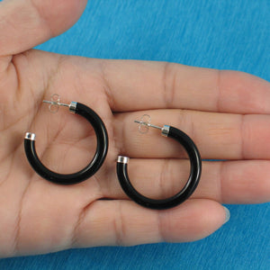 Solid Sterling Silver 925 Natural Black Onyx 30mm C Hoop Earrings