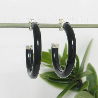 Solid Sterling Silver 925 Natural Black Onyx 30mm C Hoop Earrings