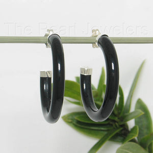 Solid Sterling Silver 925 Natural Black Onyx 30mm C Hoop Earrings