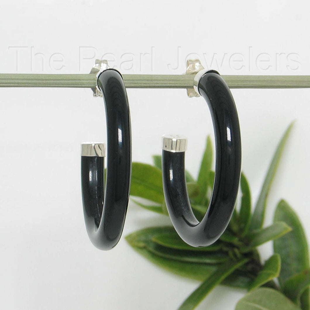 Solid Sterling Silver 925 Natural Black Onyx 30mm C Hoop Earrings
