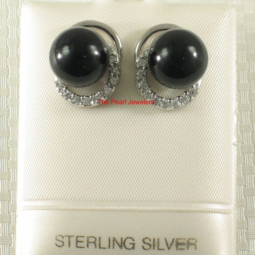 Solid Sterling Silver 925 Black Onyx & CZ Stud Earrings