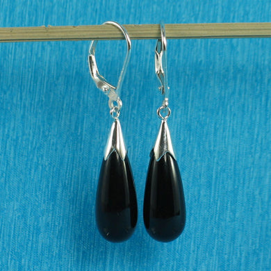 Solid Sterling Silver 925 Raindrop Black Onyx Lever Back Earrings