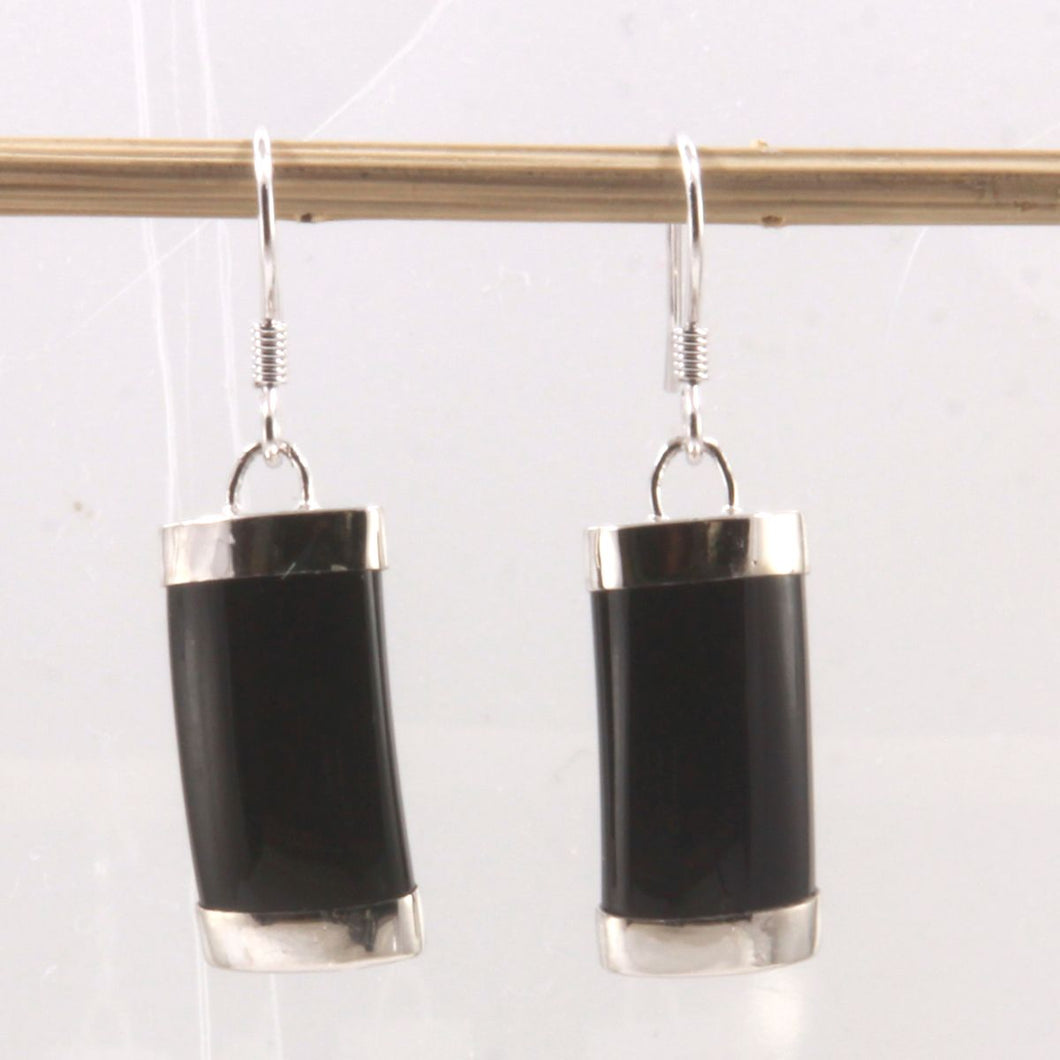 Solid Sterling Silver 925 Fish Hook Black Onyx Dangle Earrings