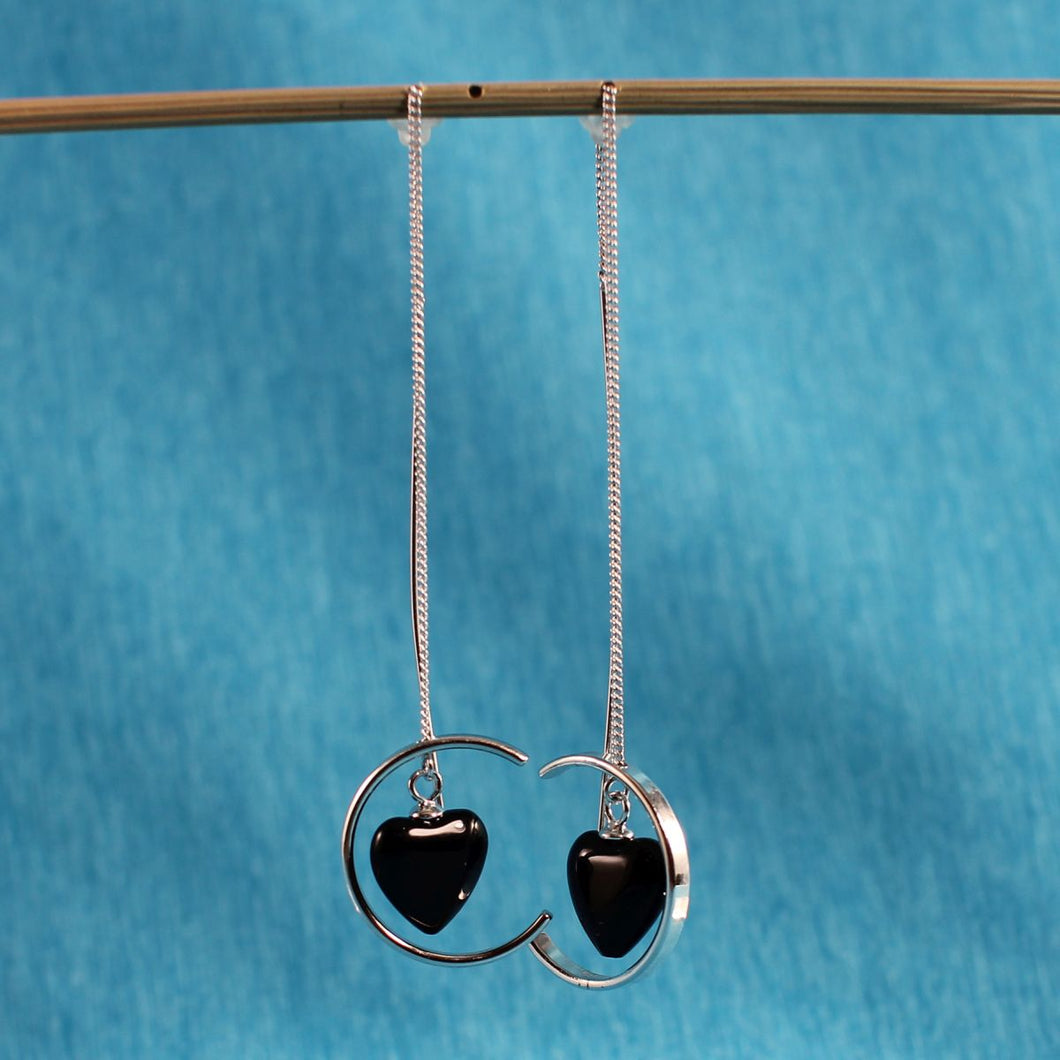 Solid Sterling Silver 925 Black Onyx Heart Threader Earrings