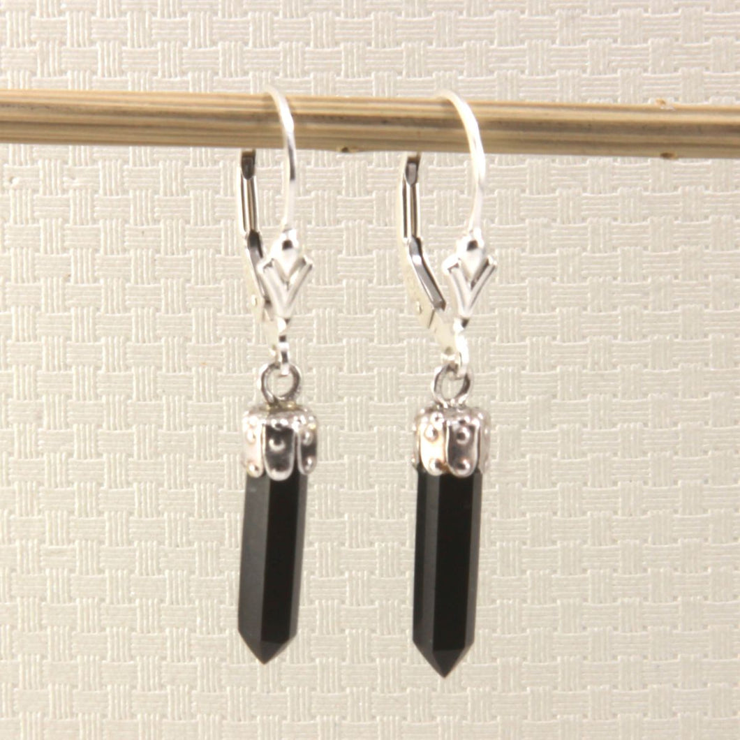 Solid Sterling Silver 925 Black Onyx Hexagonal Point Earrings
