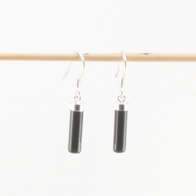 Solid Sterling Silver 925 Black Onyx Tube Fish Hook Earrings