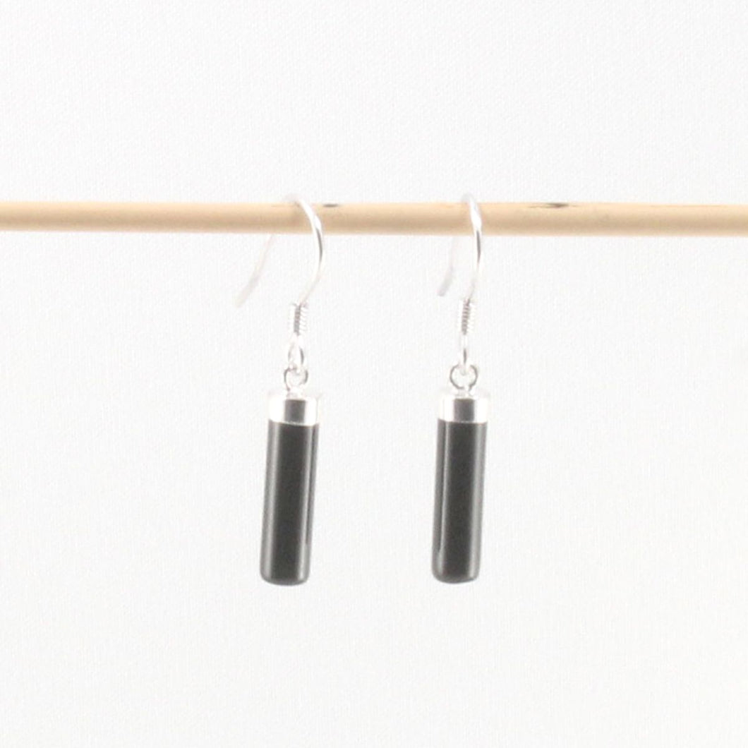 Solid Sterling Silver 925 Black Onyx Tube Fish Hook Earrings