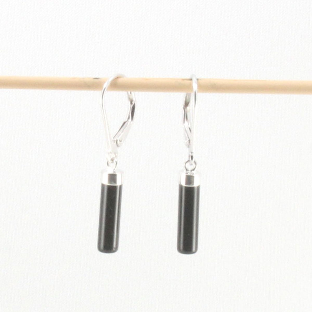 Solid Sterling Silver 925 Black Onyx Tube Leverback Earrings