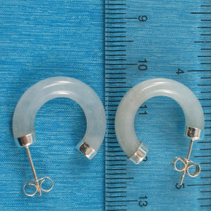 Solid Sterling Silver 925 Celadon Green Jade 20mm C Hoop Stud Earrings