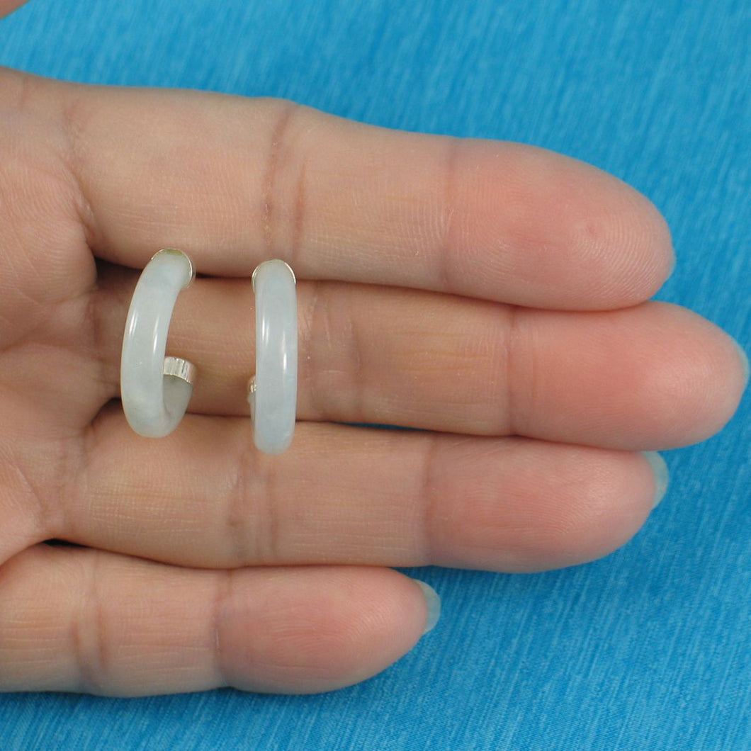 Solid Sterling Silver 925 Celadon Green Jade 20mm C Hoop Stud Earrings