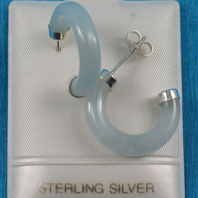 Solid Sterling Silver 925 Celadon Green Jade 20mm C Hoop Stud Earrings
