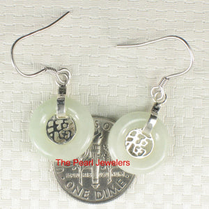 Solid Sterling Silver 925 Good Fortune Celadon Jade Hook Earrings