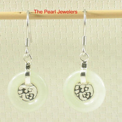 Solid Sterling Silver 925 Good Fortune Celadon Jade Hook Earrings
