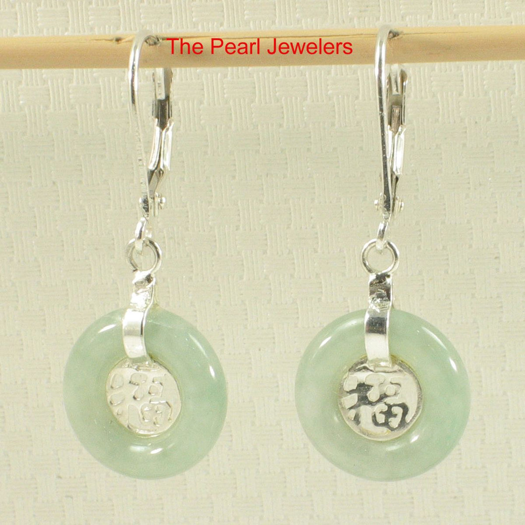 Solid Sterling Silver 925 Good Fortune Celadon Green Jade Leverback Earrings