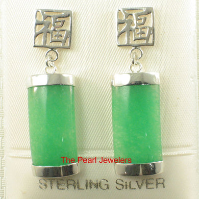 Solid Sterling Silver 925 Good Fortune Green Jade Dangle Earrings
