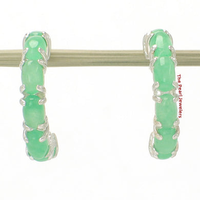 Solid Sterling Silver 925 Green Jade 12-Stone C Hoop Earrings