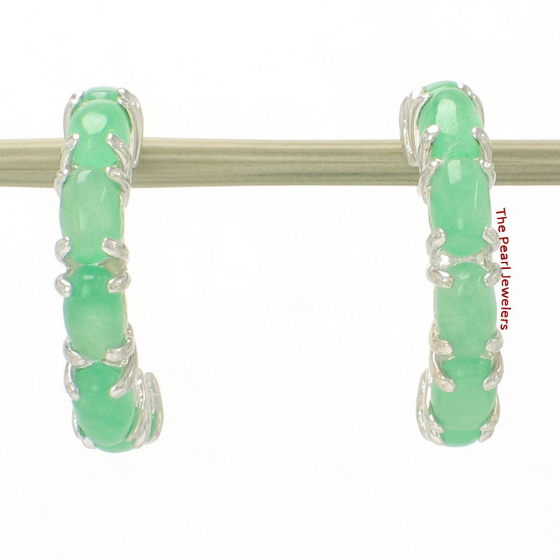 Solid Sterling Silver 925 Green Jade 12-Stone C Hoop Earrings
