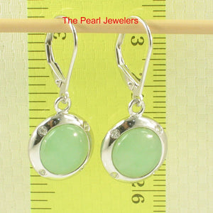 Solid Sterling Silver 925 Green Jade & CZ Leverback Earrings
