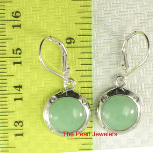 Solid Sterling Silver 925 Green Jade & CZ Leverback Earrings